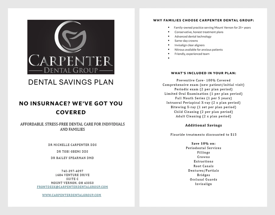 Carpenter Dental Group's dental savings plan brochure covering affordable dental care without insurance.